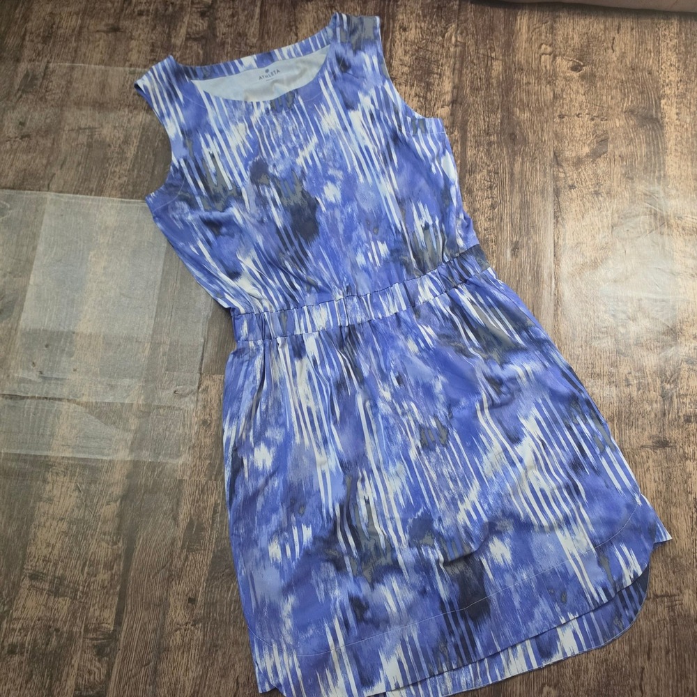 ATHLETA Sleeveless Shift Dress Womens S Blue Abstract Ikat Print Elastic Waist